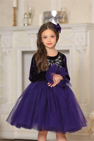 Taş Detay Uzun Kol Kız Çocuk abiye Elbise Mor