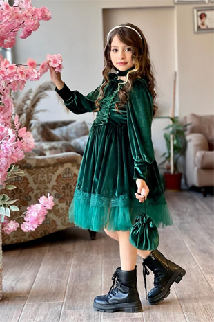 Önü Bağlama Detay Kadife Uzun Kol Kız Çocuk Elbise Yeşil