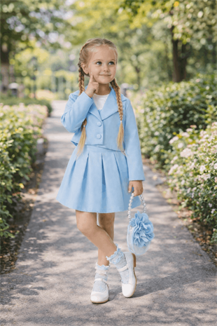 3-6 Yaş Premium Ceketli Etekli Çantalı Kız Çocuk Takım Bebe Mavi