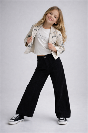 4-8 Yaş Nakış Ceketli Kız Çocuk Takım Siyah