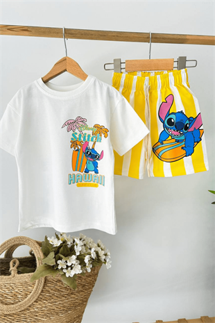 2-8 Yaş Stitch Baskılı Şortlu Erkek Çocuk Takım Sarı