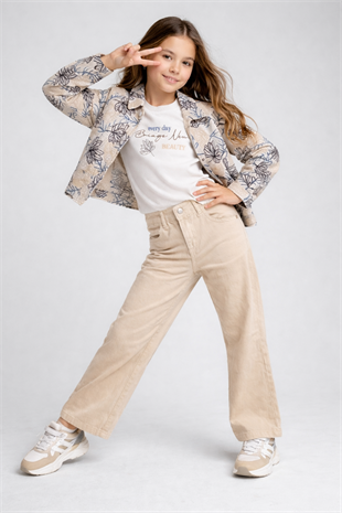 8-12 Yaş Nakış Yaprak Desenli Kız Çocuk Takım Krem