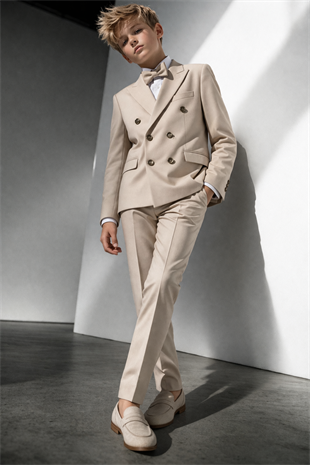 3-14 Yaş Dagi Gömlekli Kruvaze Ceketli Erkek Çocuk Takım Elbise Mezuniyet Bej