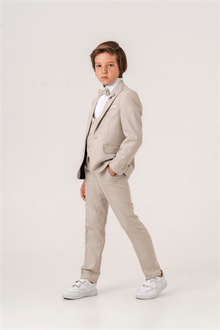Premium Seri Mendilli Yelekli Ceketli Çocuk Takım Elbise Latte