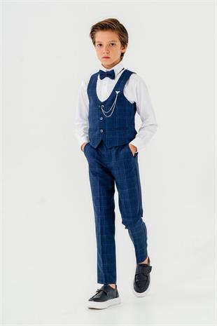 Karo Ekose Yelekli Zincirli Çocuk Takım Elbise Lacivert