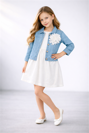 6-9 Yaş Kot Ceketli Kız Çocuk Elbise Beyaz