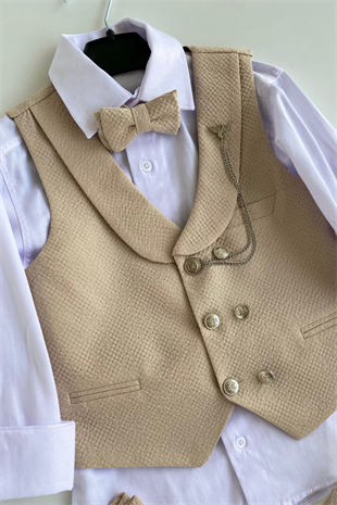 Gofre Lord Yelekli Erkek Çocuk Takım Elbise Bej