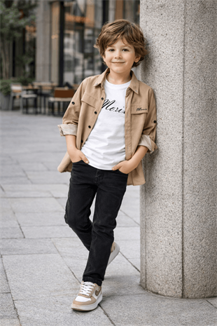 6-10 Yaş Mrx Kolları Katlamalı Gömlek Tişört Kot Erkek Çocuk Takım Camel