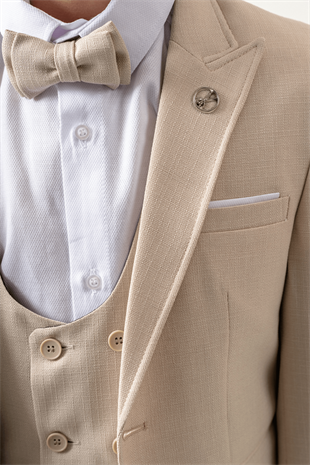 Premium Seri Mendilli Yelekli Ceketli Çocuk Takım Elbise Krem