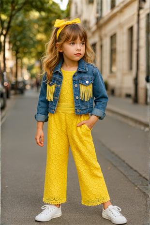 Kot Ceketli Dantelli Kız Çocuk Tulum Sarı