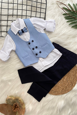 Yelekli Papyonlu 6 Düğme Çocuk Takım Elbise Mavi