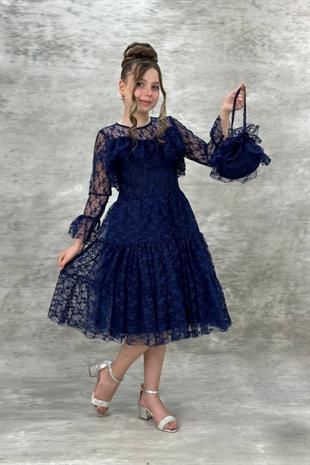 Yağmur Model Güpür Uzun Kol Çanta Dahil Kız Çocuk Elbise Lacivert