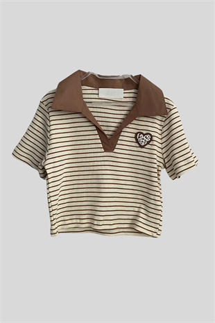 8-14 Yaş Polo Yaka Çizgili Crop Cappuccino