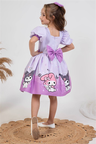Kuromi Melodi Kısa Kol Kız Çocuk Elbise Lila