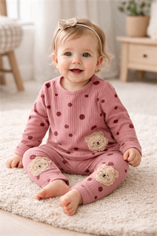 6-18 Ay Fitilli Puanlı Kız Bebek Takım Gül Kurusu