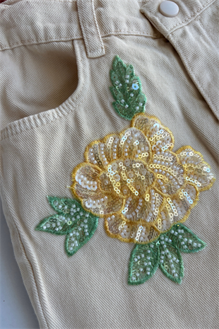 8-12 Yaş Çiçek Payetli Ceketli Gabardin  Kız Çocuk Takım Bej