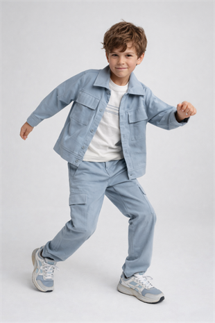 3-10 Yaş Kargo Pantolonlu Ceketli 3lü Erkek Takım Bebe Mavi