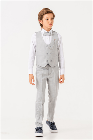 Flax Yelekli Zincirli Erkek Çocuk Takım Elbise Gri