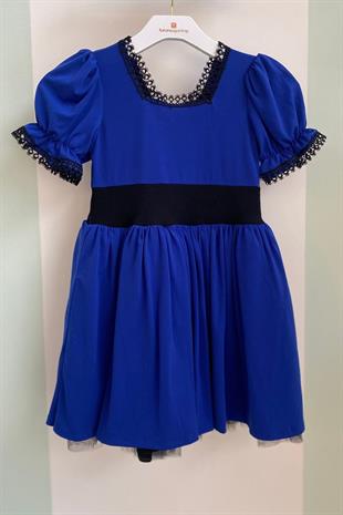 Yakası Dantel Detay Kısa Kol Bebek Elbise Mavi