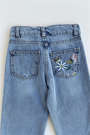 5-12 Yaş Çiçek nakışlı Kız Çocuk Kot Pantolon Mavi