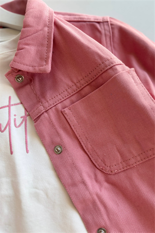 4-8 Yaş Örgü Aplikeli Gabardin Kız Çocuk Takım Gül Kurusu