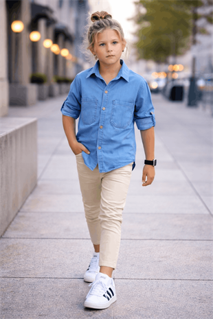 3-12 Yaş Tensel Gömlekli Gabardin Pantolonlu Çocuk Takım Mavi