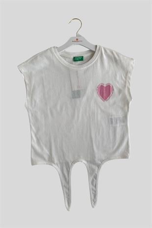 4-14 Yaş Benetton Simli Kalp Baskılı Kız Çocuk Tişört