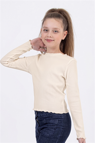 4-14 Yaş Fitilli Uzun Kollu Kız Çocuk Body Basic Krem