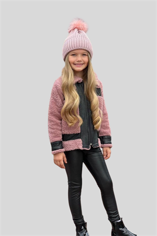 Deri Taytlı Ceketli Kız Çocuk Takım Pembe