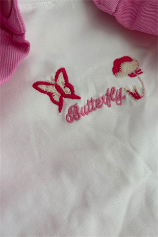 3-10 Yaş Kelebek Nakışlı Gabardin Kız Çocuk Takım Pembe