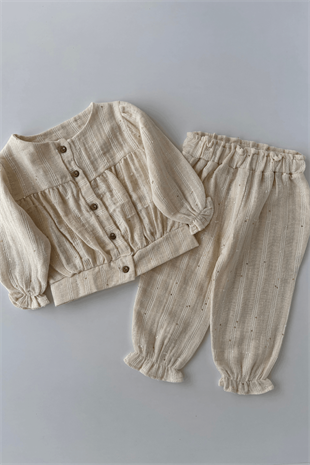 6-24 Ay Payet Detay Kız Bebek Müslin Takım Krem