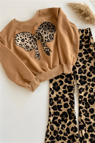 3-10 Yaş İspanyol Leo Pantolonlu Kız Çocuk Takım Sütlü Kahve