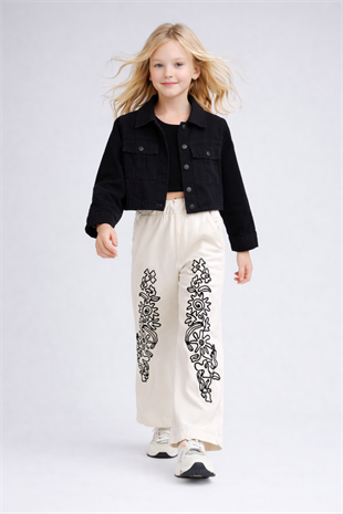 3-12 Yaş Nakış Pantolonlu Gabardin Ceketli Kız Çocuk Takım Siyah