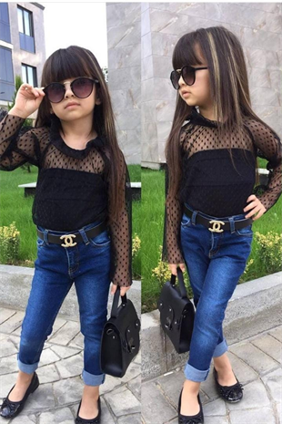 Üst Güpür Bluz Alt Kot Pantolon Kemerli Kız Çocuk Takım 