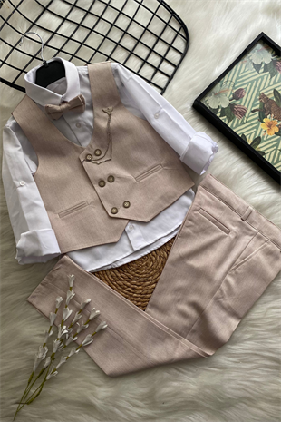 Zincir Detay Çift Düğmeli Erkek Çocuk Takım Elbise Bej