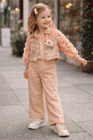3-6 Yaş Premium Kolları Gül Detay Yaldızlı Ceket Pantolon 3lü Kız Takım Pudra