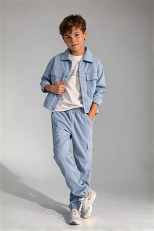 3-10 Yaş Kargo Pantolonlu Ceketli 3lü Erkek Takım Bebe Mavi