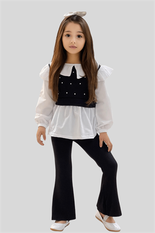 3-10 Yaş İncili Gömlek İspanyol Pantolon Takım Siyah