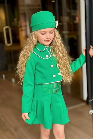 Biyeli Ceket Etek ve Şapkalı Kız Takım Yeşil