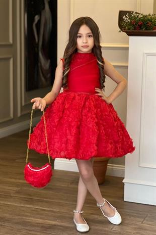 Çanta Hediyeli Güpür Gül Detay Kırmızı Çocuk Abiye