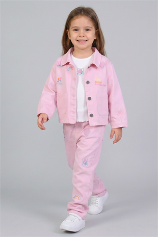 2-7 Yaş Great Nakışlı Gabardin 3lü Kız Çocuk Takım Pembe