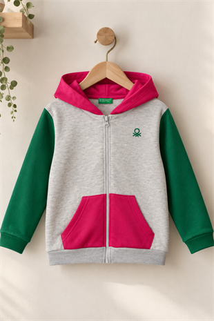 4-14 yaş Benetton Kapüşonlu Renkli Kız Çocuk Sweat Ceket