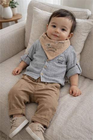 6-24 Ay Fularlı Müslin Gömlekli 2li Erkek Bebek Takım Bebe Mavi