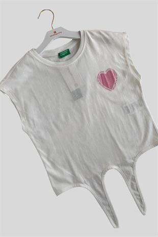 4-14 Yaş Benetton Simli Kalp Baskılı Kız Çocuk Tişört