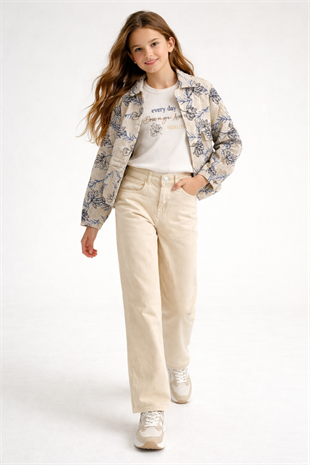 8-12 Yaş Nakış Yaprak Desenli Kız Çocuk Takım Krem