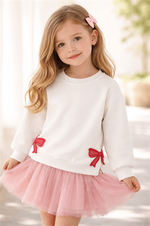 3-7 Yaş Fiyonk Aplikeli Kız Çocuk Sweat Beyaz