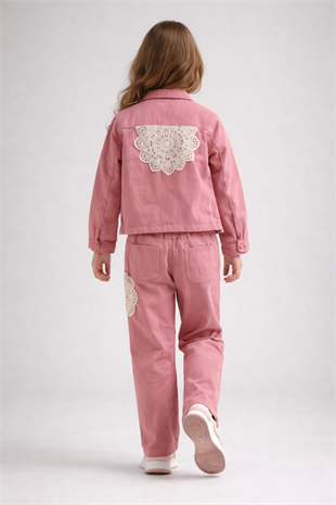 4-8 Yaş Örgü Aplikeli Gabardin Kız Çocuk Takım Gül Kurusu