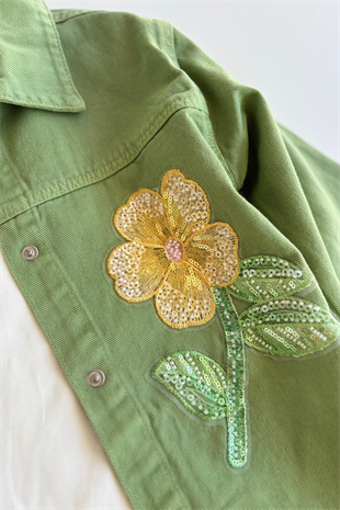 8-12 Yaş Çiçek Payetli Ceketli Gabardin  Kız Çocuk Takım Yeşil