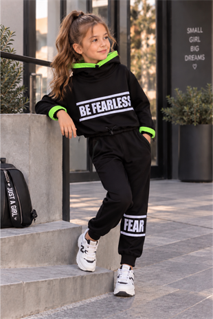 Be Fearless Balıkçı Yaka Neon Detay Kız Çocuk Eşofman Takım Siyah