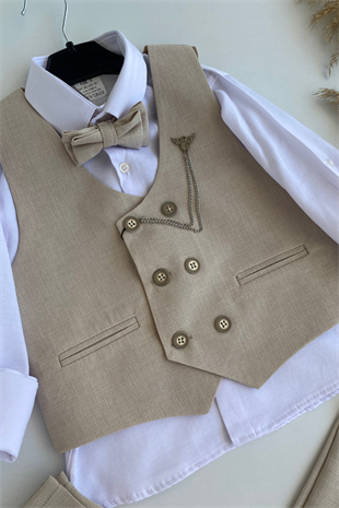 Zincir Çift Düğme Başak Erkek Çocuk Takım Elbise Bej